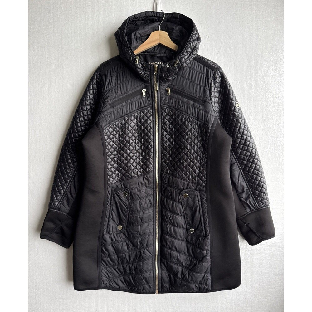 Michael Kors Women's 1XL Black Mixed Media Coat Hooded Quilted Jacket Gold Logo
